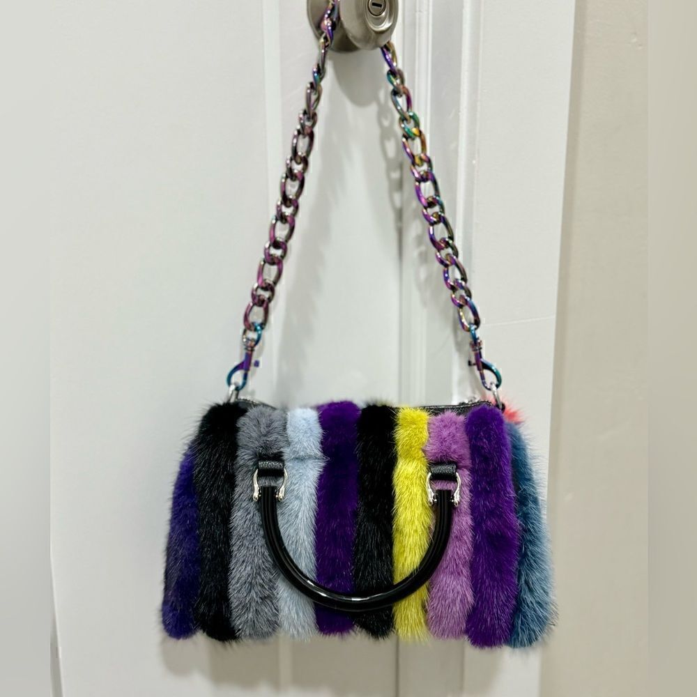 Multi Way Use Handmade Color-block Real Mink Fur Top Handles Satchel/Crossbody